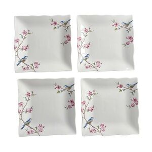 Set Of 4 222 Fifth Feathered Friends Birds Floral Square Salad Plates Discontin